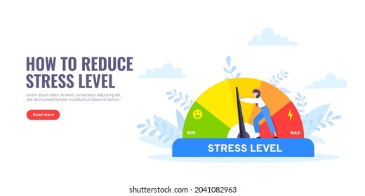 Reduce stress level flat style design concept vector illustration. Emotion overload, burnout and fatigue from work. Stress level meter gauge emotion stages. Person pushes arrow from maximum to minimum