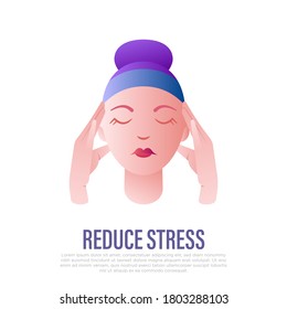 Reduce stress: young woman massaging temples. Meditation. Relieve headache, migraine. Flat gradient icon. Vector illustration.
