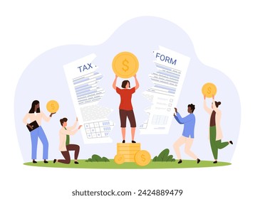 Reduce tax deduction, return of income, accounting. Tiny people cut paper document of taxation, happy characters save money and control expenses as per government policy cartoon vector illustration