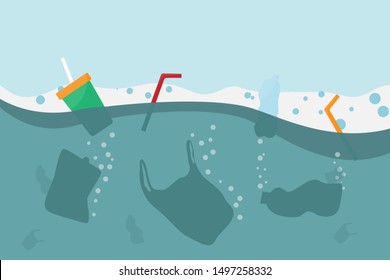 Reduce use plastic and save world concept. a lot of plastic waste was cast on sea or ocean by human. Vector in flat style. can be use infographic or poster promote to create good environment campaign.