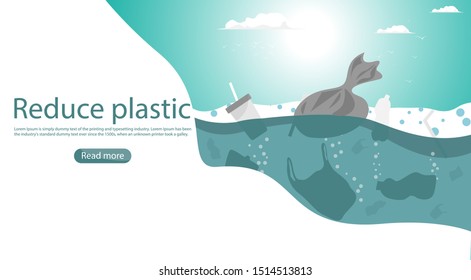Reduce use plastic and save world concept. a lot of plastic waste was cast on sea or ocean by human. Vector in flat style. can be use infographic or poster promote to create good environment campaign.