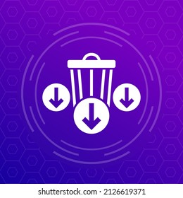 Icono de reducción de residuos con un cubo de basura y flechas, vector