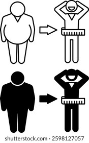Reduce Weight Icons. Black and White Vector Illustration. Overweight Man and Lose Weight Man. Healthy Lifestyle. Weight Loss Concept