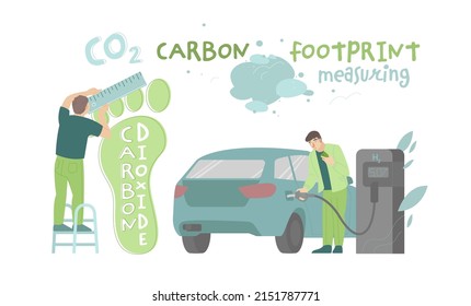 Reduce your carbon footprint. How to decrease co2. Carbon dioxide measuring. Save the planet concept. Amount of greenhouse gases, carbon dioxide and methane, generated by our actions. Landscape vector