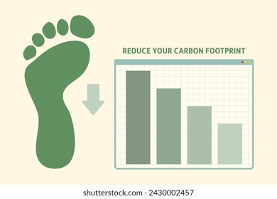 Reduce your carbon footprint illustration concept. Green foot print with info graphic showing reduction of carbon emissions. 