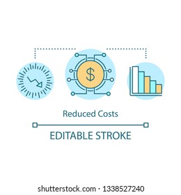 Icono de concepto de tecnologías de costos reducidos. Gráfico de tendencia descendente. Flecha abajo. Estrategia de ahorro de dinero idea delgada línea ilustración. Dibujo de contorno aislado de Vector. Trazo editable