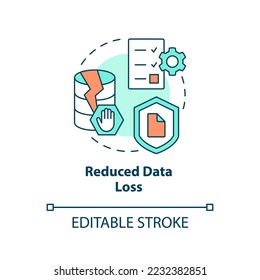 Icono de concepto de pérdida de datos reducida. Mejora el almacenamiento de información. Ilustración de línea delgada de idea abstracta de base de datos fiable. Dibujo de contorno aislado. Trazo editable. Fuentes Arial, Myriad Pro-Bold utilizadas