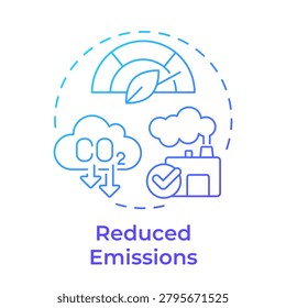 Reduced emissions blue gradient concept icon. Decrease in greenhouse gases release. Renewable power benefit. Round shape line illustration. Abstract idea. Graphic design. Easy to use in presentation