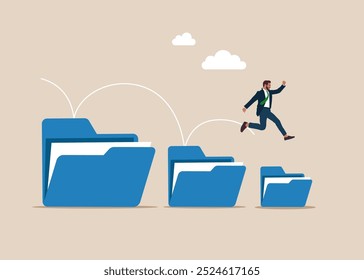 Reduced folder, crisis. Businessman jumping from on smaller file folder. Vector illustration in flat style. 