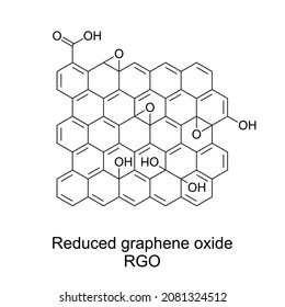 Reduced graphene oxide, RGO, chemical formula and structure. A nanomaterial, made by the reduction of graphene oxide. A single-atomic layered material, arranged in a two-dimensional honeycomb lattice.