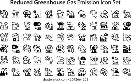 Reduced Greenhouse Gas Emission Icon Set.eps collection, sketches, logo illustrations, web symbols, outline style pictograms package isolated on white background. Vector graphics. stock illustration