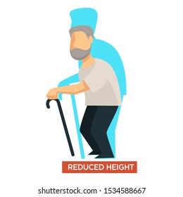 Reduced height aging symptom concept, grey haired, bearded old man with cane, physical changes, medical condition, health issue, isolated colorful flat vector illustration on white background