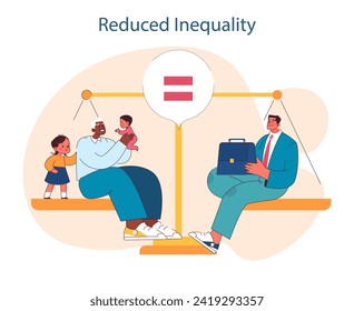 Reducción De La Desigualdad. Balanceo de escalas entre diversos grupos sociales para la equidad y la inclusión. Igualdad de oportunidades para todos. Ilustración vectorial plana