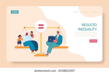 Reduced Inequality web or landing. Balancing scales between diverse social groups for equity and inclusion. Equal opportunities for all. Flat vector illustration