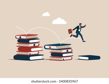 Reduced knowledge and education. Businessman jumping from on smaller book. Flat vector illustration