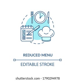 Reduced menu concept icon. Cafe and restaurants safety guidelines idea thin line illustration. Food hygiene advice against coronavirus. Vector isolated outline RGB color drawing. Editable stroke