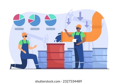 Geringere Ölproduktion in der Raffinerie, Vektorgrafik. Zeichnung von Fabrikarbeitern, Verringerung der Rohölproduktion für stabile Preise, Rohre und Fässer, Diagramme. Industrie, Energie, Wirtschaftskonzept