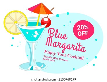 Reduced price on alcoholic beverages, blue margarita served in glass with sweet cherry, slice of lemon and decorative umbrella. 20 percent off discount in bar or restaurant menu, vector in flat
