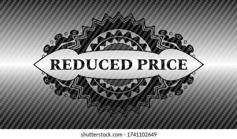 Reduced price text inside carbon fiber dark badge. Polymer texture chic background. Vector illustration. 