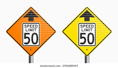 Reduced Speed Limit Ahead Signs: vector illustration of traffic signs signaling a stretch of road with a speed limit ahead