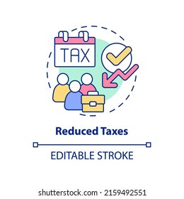 Reduced taxes concept icon. Cooperative society benefit abstract idea thin line illustration. Taxable income. Isolated outline drawing. Editable stroke. Arial, Myriad Pro-Bold fonts used