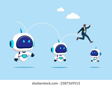 Reduced technology, crisis. Businessman jumping from on smaller cyborg with smaller artificial intelligence. Vector illustration in flat style. 