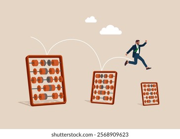 Reduced work, crisis. Businessman jumping from on smaller abacus for calculations. Risky situation or economic recession, crisis or bankruptcy. Vector illustration. 