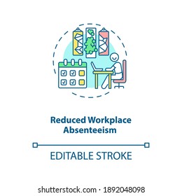 Icono de concepto de absentismo laboral reducido. El confort y la comodidad de la oficina. Espacio de trabajo eficiente. Ilustración de línea delgada de idea de biofilia. Dibujo de color RGB con contorno aislado del vector. Trazo editable