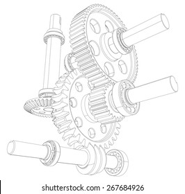Reducer consisting of gears, bearings and shafts. Vector illustration, 3d render
