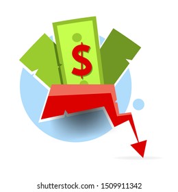 Reduces The Effect Of Red Lines. Line Icon Of Reducing Money. The Icon Of The Vector Line Of Depreciation Of The Dollar.