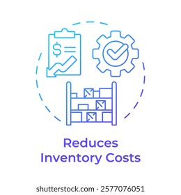 Reduces inventory costs blue gradient concept icon. Streamlining inventory processes. Benefit of MRP II. Round shape line illustration. Abstract idea. Graphic design. Easy to use in booklet