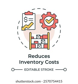 Reduces inventory costs multi color concept icon. Streamlining inventory processes. Benefit of MRP II. Round shape line illustration. Abstract idea. Graphic design. Easy to use in booklet