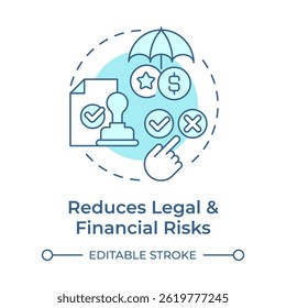 Reduces legal and financial risks soft blue concept icon. Ensuring permissions. Benefit of consent management. Round shape line illustration. Abstract idea. Graphic design. Easy to use in article