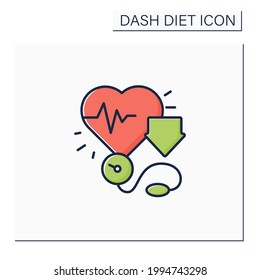 Reducing Blood Pressure Color Icon. Pressure Measurement Using Stethoscope. Low Heartbeats. Dash Diet Concept. Isolated Vector Illustration