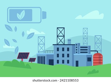 Reducing CO2 emissions vector illustration. Plant using solar panels to reduce negative effects of production. Eco battery on background. Greenhouse effect, climate change, green energy concept
