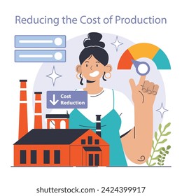 Reducing the cost of production. Automatization and effective optimization of manufacturing expense. Balance of costs and income. Flat vector illustration