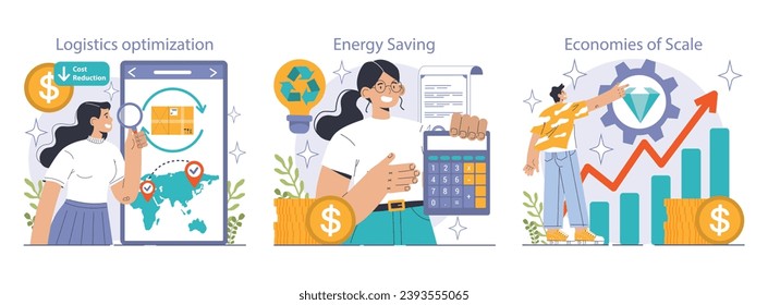 Reducing the cost of production set. Automatization and effective optimization of manufacturing expense. Balance of costs and income. Flat vector illustration