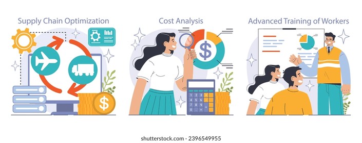 Reducing the cost of production set. Automatization and effective optimization of manufacturing expense. Balance of costs and income. Flat vector illustration