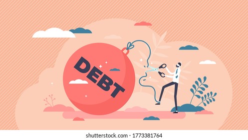 Reducing debt relief after cut financial commitments flat tiny person concept. Economical process when credit is payed and get freedom from bank obligations. Money loan last payment in symbolic scene.