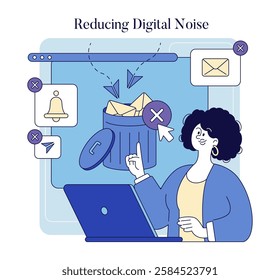 Reducing digital noise concept. Importance of minimizing distractions and clutter in the digital workspace. Focus on organization and enhancing productivity. Promoting mental clarity and efficient