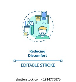 Reducing discomfort concept icon. Ergonomic design benefit idea thin line illustration. Workplace injury, pain prevention. Right equipment. Vector isolated outline RGB color drawing. Editable stroke