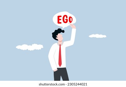 Reducing ego, cultivating humility, recognizing value in different perspective, being open to feedback and constructive criticism, Businessman deflating speech bubble of word EGO with needle.