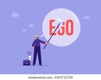 Reducing ego, cultivating humility, recognizing value in different perspective, being open to feedback and constructive criticism, businessman deflating word EGO