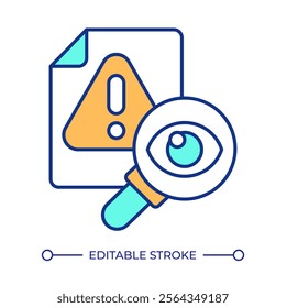 Reducing hallucinations RGB color icon. Generative AI technology improvement. File with exclamation mark and magnifying glass. Isolated vector illustration. Simple filled line drawing. Editable stroke