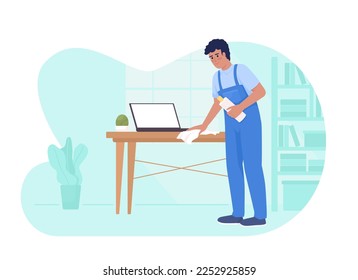 Reducing household dust service 2D vector isolated illustration. Housekeeper wiping table with laptop flat character on cartoon background. Colorful editable scene for mobile, website, presentation