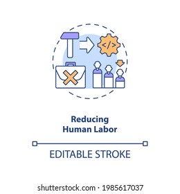 Reducing human labor concept icon. Industry 4.0 goal idea thin line illustration. Automation process. Robots displacing human workers. Vector isolated outline RGB color drawing. Editable stroke