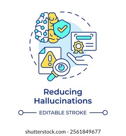 Reducing inaccurate responses multi color concept icon. Real verified sources. Benefit of RAG services. Round shape line illustration. Abstract idea. Graphic design. Easy to use in article