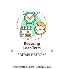 Reducing loan term concept icon. Mortgage refinance benefit idea thin line illustration. Monthly repayments. Making bigger down payment. Vector isolated outline RGB color drawing. Editable stroke