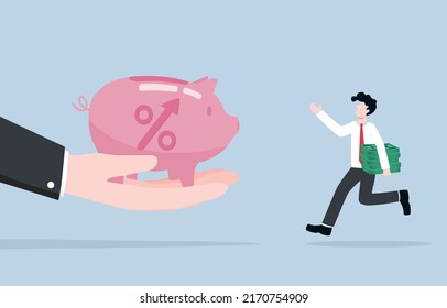 Reducing the money supply within an economy by increasing interest rates, contractionary monetary policy to address inflation concept. Businessman rushing to deposit his money in bank.