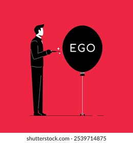 Reducing personal ego and greed concept with a man piercing a balloon with the word ego written on it.